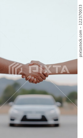 Car salesman and customer shaking hands in front of a new car, celebrating a successful deal in a dealership, symbolizing trust and satisfaction in ownership 122370033