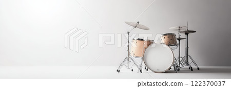 Professional drum set positioned in an empty white room, illuminated by soft light, inviting a musician to unleash creativity and craft captivating rhythms and sounds 122370037