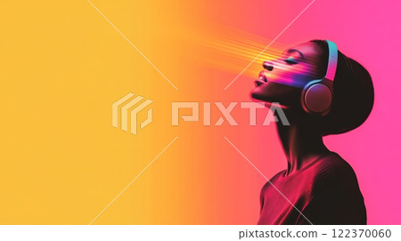 Profile of a young woman wearing headphones, immersed in music, with colorful lights emanating from her face, creating a vibrant and energetic atmosphere 122370060