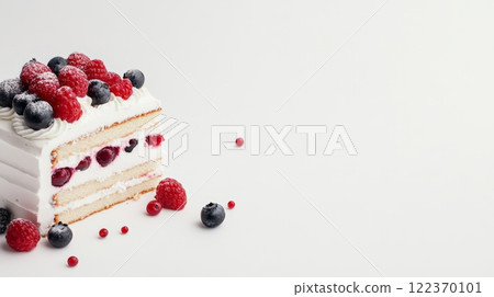 Slice of delicious sponge cake with whipped cream, blueberries, raspberries and cherries is levitating on a white background with copy space Slice of delicious sponge cake with whipped cream, blueberries, raspberries and cherries is levitating on a white background with copy space 122370101