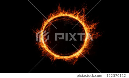 Fiery ring blazing brightly against a dark backdrop, creating a dramatic contrast and suggesting themes of power, energy, and transformation 122370112