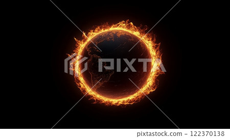 Planet earth is surrounded by a ring of fire, symbolizing global warming and climate change, representing the urgent need for environmental protection and sustainability 122370138