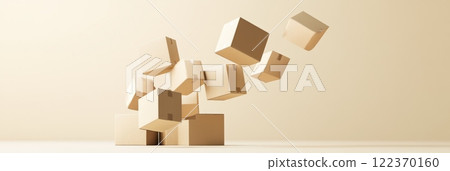 Multiple closed cardboard boxes are floating and levitating mid air in a beige minimal studio, creating a dynamic and intriguing visual composition 122370160
