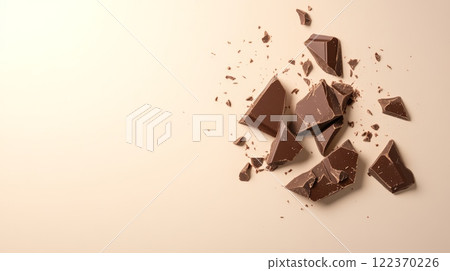 Chocolate bar pieces levitating and exploding on a beige background, creating a visually appealing arrangement with crumbs scattered around, ideal for food and dessert related projects 122370226