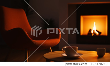 Warm fire burning in modern fireplace in cozy living room illuminated by firelight with a cup of tea and comfortable orange armchair creating a relaxing atmosphere Warm fire burning in modern fireplace in cozy living room illuminated by firelight with a cup of tea and comfortable orange armchair creating a relaxing atmosphere 122370260