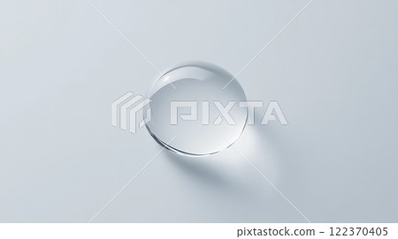 Close up view of a perfectly formed, transparent water droplet glistening on a smooth, light blue surface, creating a subtle shadow and highlighting the purity and clarity of the water 122370405