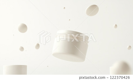 White cosmetic jar floating in the air surrounded by small white spheres on a minimalist white background, creating a clean and modern aesthetic perfect for beauty and skincare advertising White cosmetic jar floating in the air surrounded by small white spheres on a minimalist white background, creating a clean and modern aesthetic perfect for beauty and skincare advertising 122370426