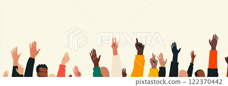 Diverse group of people raising their hands in excitement, cheering and applauding a music artist during a vibrant live concert, showcasing enthusiasm and joy in the crowd 122370442