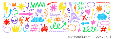 Hand drawn rock punk music star grunge heart doodle icon element set. Crayon brush stroke hand drawn line sketch style doodle rock punk star, heart shape. Crayon scribble music vector 122370601