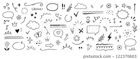 Cute line sketch star, arrow, cloud decoration element icon set. Hand drawn sketch doodle cute star, heart, flower element. Line text decoration scribble shape icon. Hand drawn Vector 122370603