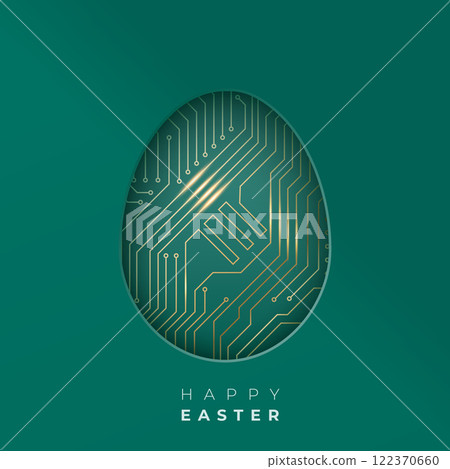 Easter egg with gold circuit board pattern on a green background Easter egg with gold circuit board pattern on a green background 122370660