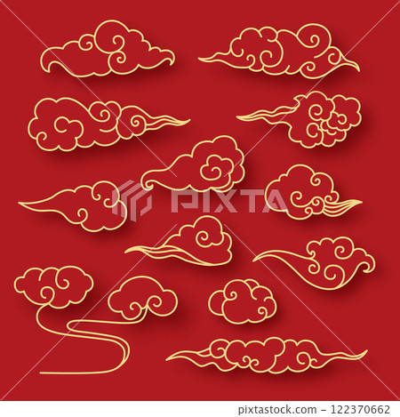 Chinese or japanese style gold cloud patterns on a red background. Decorative asian elements 122370662