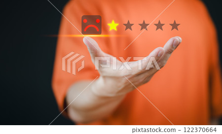 Notification concept of customer dissatisfaction manifest through virtual interaction, accompanied by negative reviews, dissatisfaction with service and quality. Business customer services feedback. 122370664