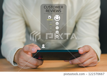 Customer engage in a satisfaction survey, using an online application to rate their service experiences. This evaluation helps determine the quality of service and business reputation rating. 122370667