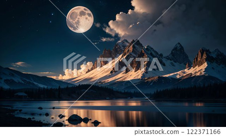 夜晚滿月的山和湖的奇妙景觀 122371166