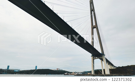 Russky bridge, a modern cable stayed structure, connects vladivostok to russky island across the eastern bosphorus strait 122371302