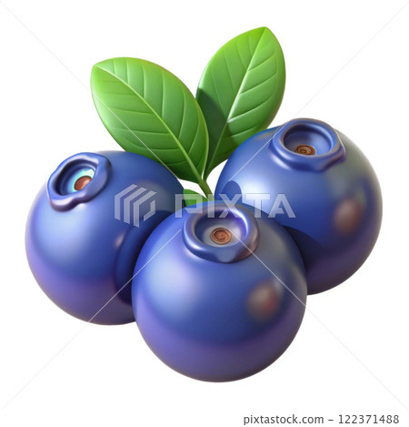 Three fresh blueberries with green leaves on white background 122371488