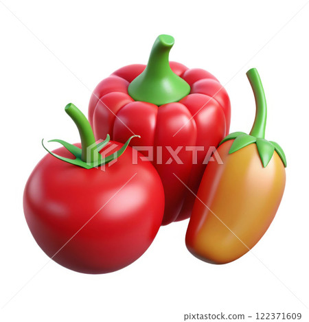 Tomato, red pepper, and chili with vibrant colors on white background 122371609
