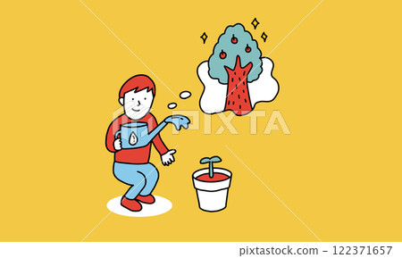 一名男子一邊給小盆栽植物澆水，一邊想像它長成一棵大樹，描繪了一個人對未來的憧憬。 122371657