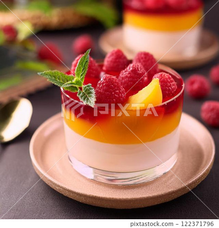 A delicious looking raspberry and white peach clear jelly parfait 122371796