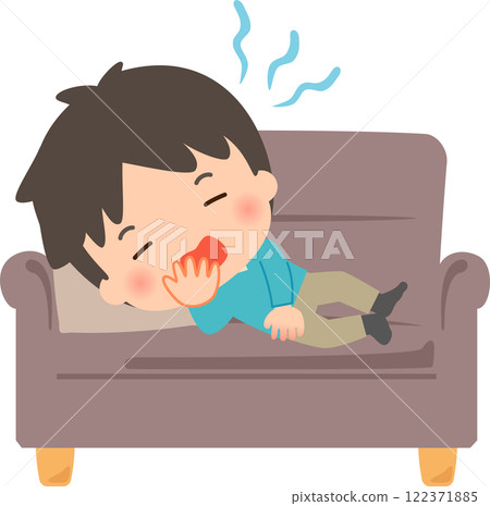 Man lying on sofa and yawning 122371885