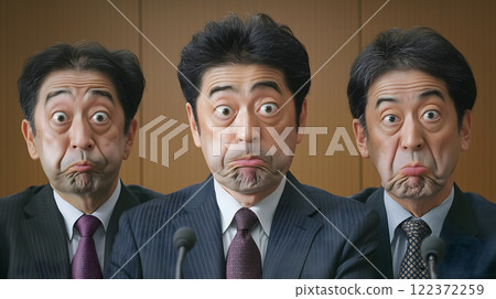 三名日本男子在新聞發布會上做出奇怪的表情(AI 生成圖像) 三名日本男子在新聞發布會上做出奇怪的表情(AI 生成圖像) 122372259