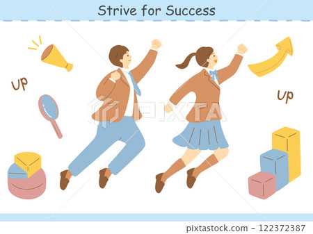 Male and female students flying towards the goal Male and female students flying towards the goal 122372387