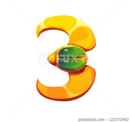 Cartoon Egyptian font scarab beetle 3 three digit. Egypt mythology latin alphabet figure or number, ancient civilization vector game font typeset digit or egyptian history English ABC numeral symbol 122372402