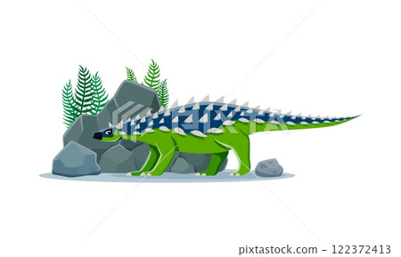 Dinosaur, prehistoric lizard Saichania or dino animal character, cartoon vector. Jurassic or Cretaceous era Saichania spiked spine dinosaur species for kid dino encyclopedia or paleontology museum 122372413