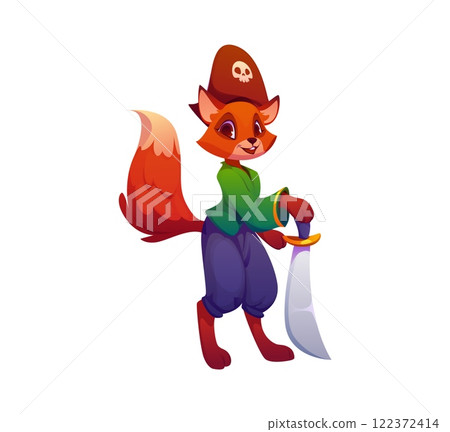 Cartoon funny fox animal pirate or corsair character in captain tricorne hat, vector personage. Caribbean pirate fox character or corsair and filibuster with saber sword in hat with Jolly Roger skull Cartoon funny fox animal pirate or corsair character in captain tricorne hat, vector personage. Caribbean pirate fox character or corsair and filibuster with saber sword in hat with Jolly Roger skull 122372414
