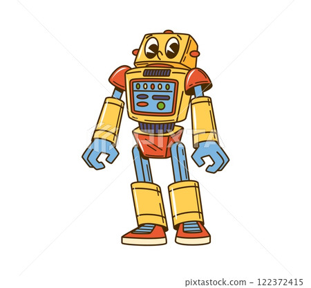 Cartoon groovy retro robot character or transformer droid with funny face, vector personage. Groovy retro robot with robotic arms, display with buttons for cute cyborg bot or cyber android character Cartoon groovy retro robot character or transformer droid with funny face, vector personage. Groovy retro robot with robotic arms, display with buttons for cute cyborg bot or cyber android character 122372415