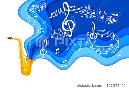 Paper cut saxophone musical background with flowing musical notes against a dynamic blue layered frame. Vector papercut depicts lively music and creativity for jazz enthusiasts or music concert promo 122372421