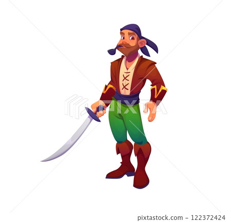 Pirate sailor or corsair captain character with sword saber and smoking pipe, cartoon vector. Caribbean pirate skipper or boatswain corsair and filibuster man in bandana for treasure island character Pirate sailor or corsair captain character with sword saber and smoking pipe, cartoon vector. Caribbean pirate skipper or boatswain corsair and filibuster man in bandana for treasure island character 122372424