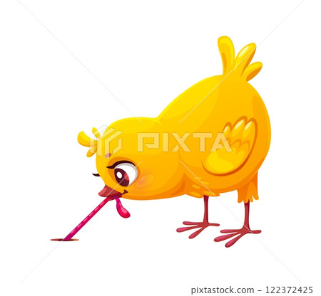 Cartoon chick cheerful character catching worm. Farm small hen animal happy mascot, spring newborn baby chicken or Easter holiday chick bird cute vector personage, farm animal cheerful character Cartoon chick cheerful character catching worm. Farm small hen animal happy mascot, spring newborn baby chicken or Easter holiday chick bird cute vector personage, farm animal cheerful character 122372425