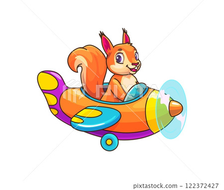 Cartoon squirrel pilot on plane, funny baby character in airplane toy, vector animal. Happy squirrel pilot flying in propeller airplane in rainbow colors with cute smile for kids mascot or zoo game 122372427