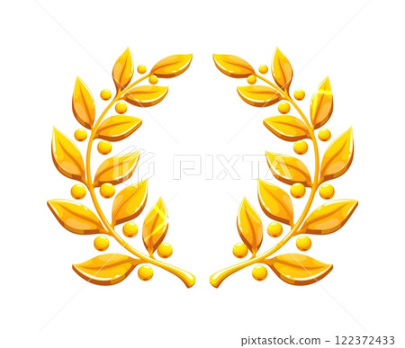 Golden laurel wreath adorned with leaves and berries. Isolated vector badge, game asset or awards icon, symbol of victory, achievement, honor or prestige. Gold prize, trophy or reward in gaming app Golden laurel wreath adorned with leaves and berries. Isolated vector badge, game asset or awards icon, symbol of victory, achievement, honor or prestige. Gold prize, trophy or reward in gaming app 122372433