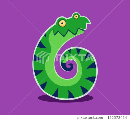 Halloween font digit 6 six cute monster character. Crazy horror beast font digit, Halloween creature vector typeset numeral symbol or bizarre fantasy lizard monster personage typeface figure or number 122372434
