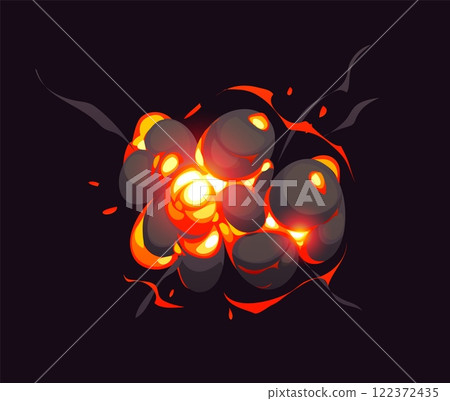 Bomb blast explosion effect with cloud smoke and fire for cartoon comic, vector blast. Bomb explosion for cartoon game effect of boom explode and energy blast with red light and exploding cloud smoke 122372435