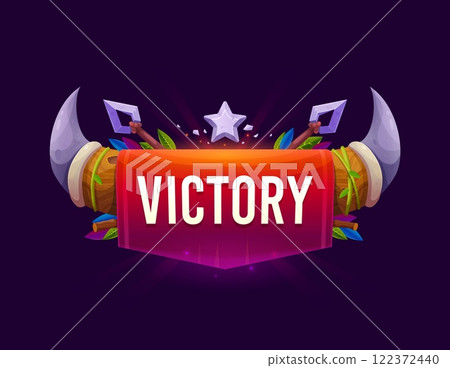 Game victory icon badge, award trophy, gui interface banner, rewards screen featuring steel horns, star, raised spears and green leaves. Cartoon vector popup gaming frame, winner achievements or honor 122372440