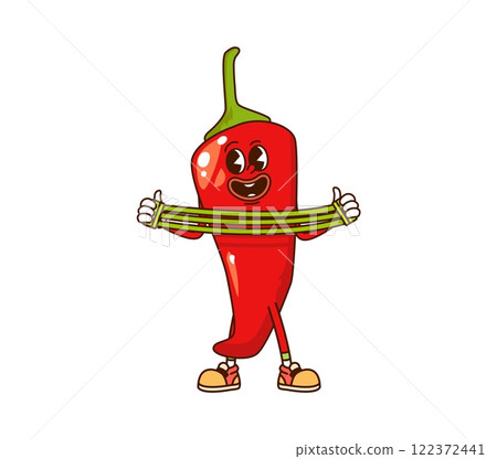 Cartoon groovy chili pepper vegetable character stretching expander and doing sport exercises on fitness sport. Isolated vector veggie sportsman retro y2k farm personage engaged in healthy lifestyle Cartoon groovy chili pepper vegetable character stretching expander and doing sport exercises on fitness sport. Isolated vector veggie sportsman retro y2k farm personage engaged in healthy lifestyle 122372441