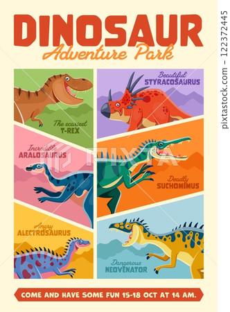 Dinosaurs amusement park vintage poster with funny dino characters. Vector template of flyer promoting fun adventure park events and capturing the excitement of prehistoric attraction with retro flair 122372445