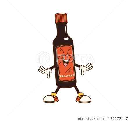Cartoon groovy Teriyaki sauce bottle character with funny face, vector comic. Groovy funky Teriyaki sauce bottle cartoon character with happy laughing smile for Japanese cuisine or Asian noodles 122372447