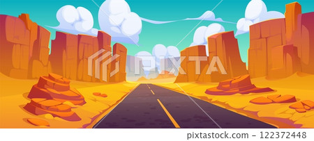 Cartoon desert road landscape featuring a long highway winding through towering canyon walls and rocks under a bright blue sky with fluffy clouds, evokes adventure and exploration in Arizona or Mexico 122372448
