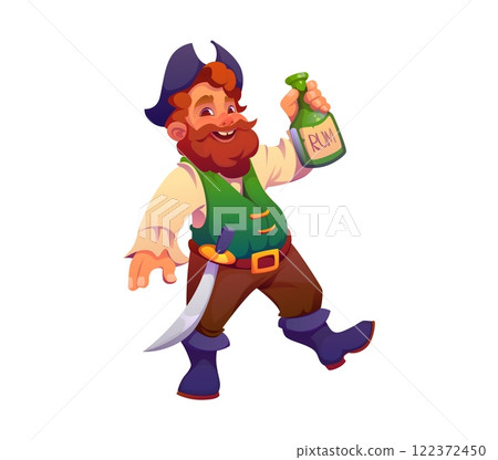 Cartoon pirate captain or corsair sailor drunk with rum bottle, vector character. Old pirate sailor with red beard in tricorne hat with sword drinking rum, Caribbean corsair or boatswain character 122372450