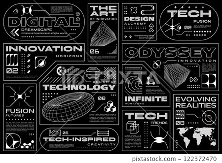 Retrofuturistic cyberpunk brutalism labels with abstract retro shapes, vector tags. Brutalism labels with futuristic technology and innovation tech 3D wireframe elements in retrofuturistic brutal art 122372470