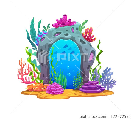 Underwater portal in stone gate for sea magic game or ocean fantasy, cartoon vector. Magic portal door to undersea world or underwater world in stone gate or rock arch with fishes and seaweeds 122372553