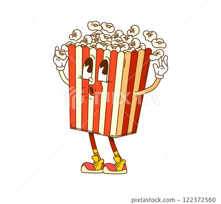 Groovy retro cartoon hippie popcorn or fast food dessert with funny face, vector character. Groovy popcorn box happy whistling for freaky hipster or psychedelic hippie fast food character for cinema 122372560
