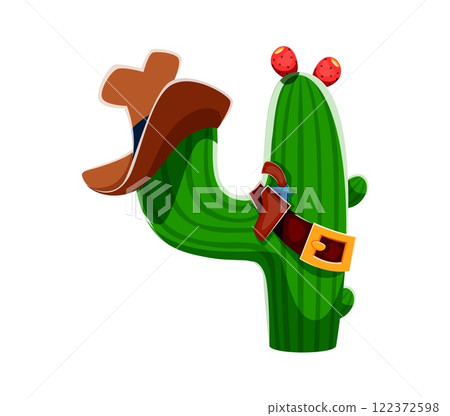 Cartoon number four as a cactus dressed with a cowboy hat and belt. Isolated vector 4 symbol font, wild west typeface, western type, sheriff alphabet for kids mathematics learning and fun games 122372598