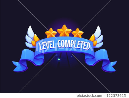 Level completed badge or game level up banner for GUI asset, vector ribbon. Level completed badge, victory golden stars and wings with congrats on blue ribbon for win award or achievement rank 122372615