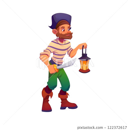 Cartoon pirate or corsair character with lantern and saber sword, vector character. Caribbean pirate skipper or corsair boatswain character from treasure island with fire lantern in tricorne hat 122372617